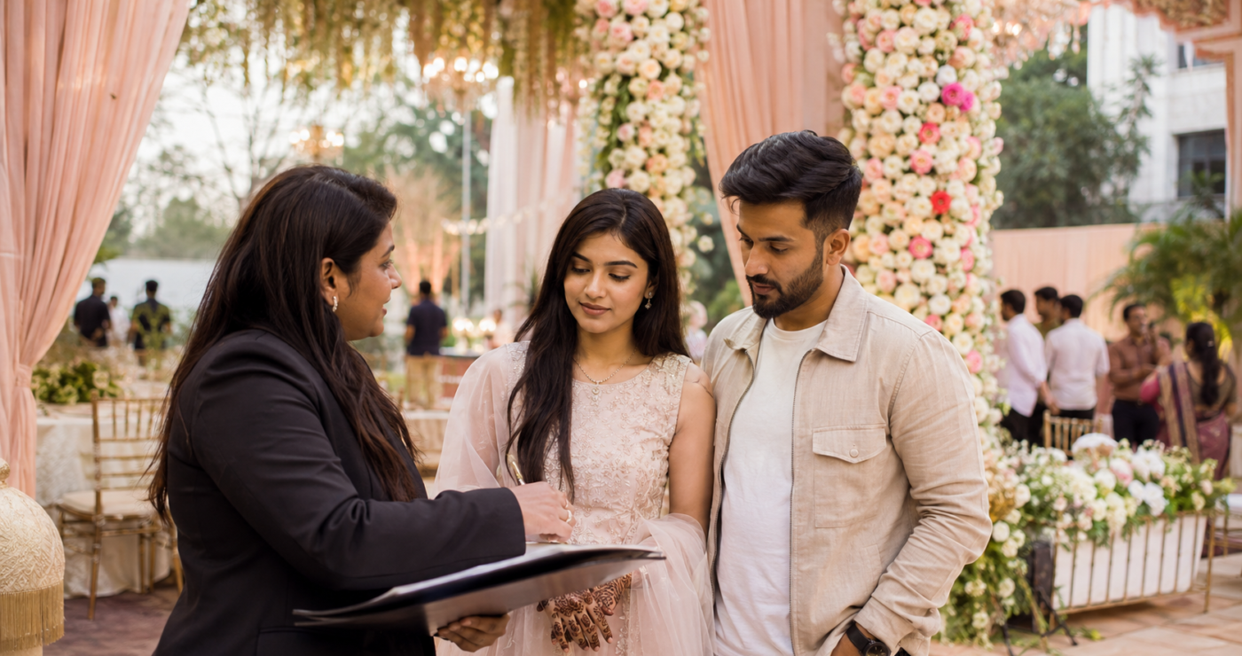 Wedding planner in Bangalore discussing wedding plans with a couple